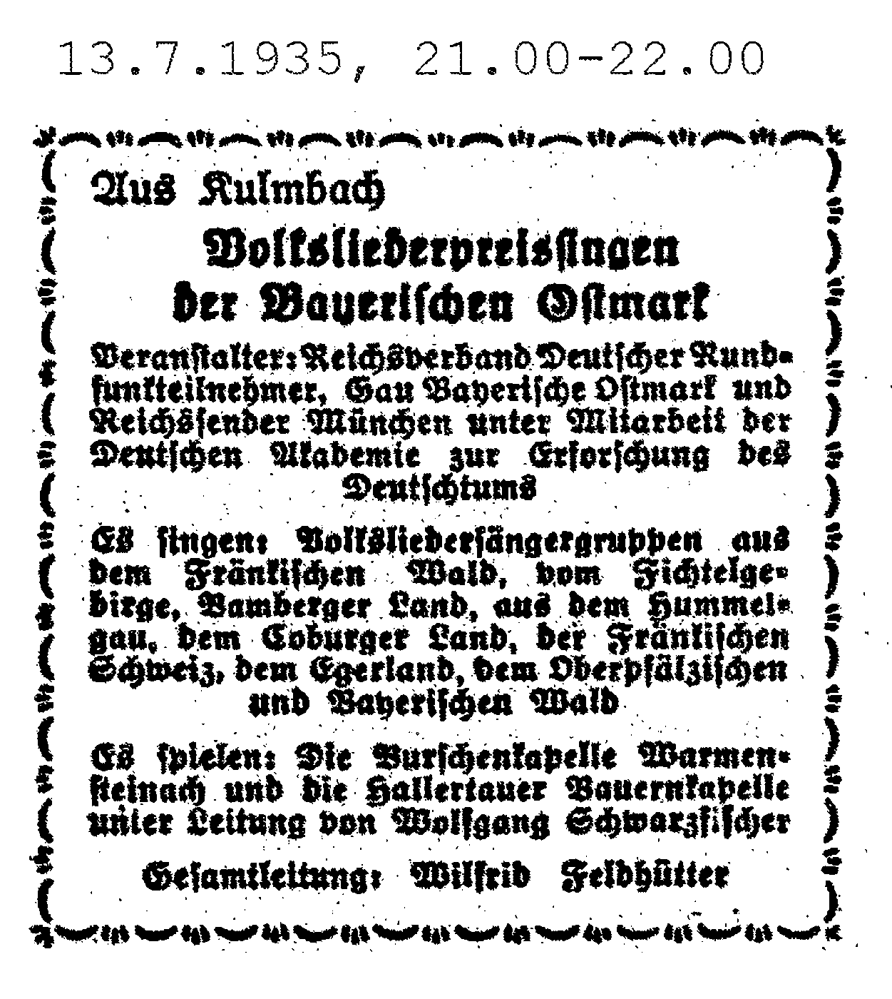Eintrag in der Rundfunk- Zeitung für den 13. Juli 1935