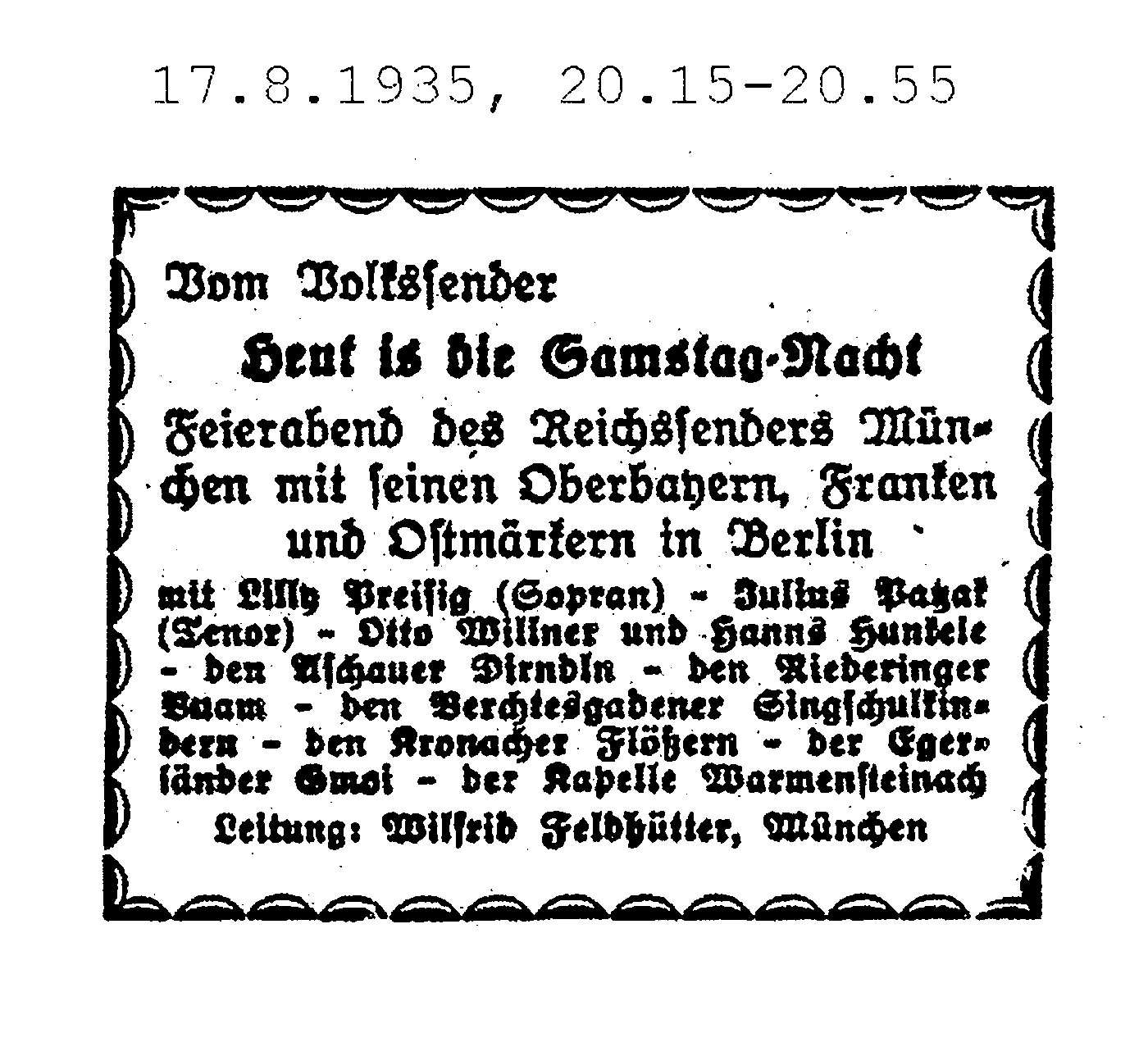 Eintrag in der Rundfunk- Zeitung für den 17. August 1935